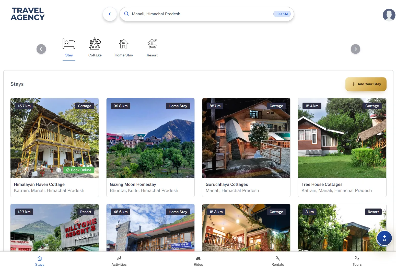 Branded agency site listing nearby stays, with distance and property type on every card